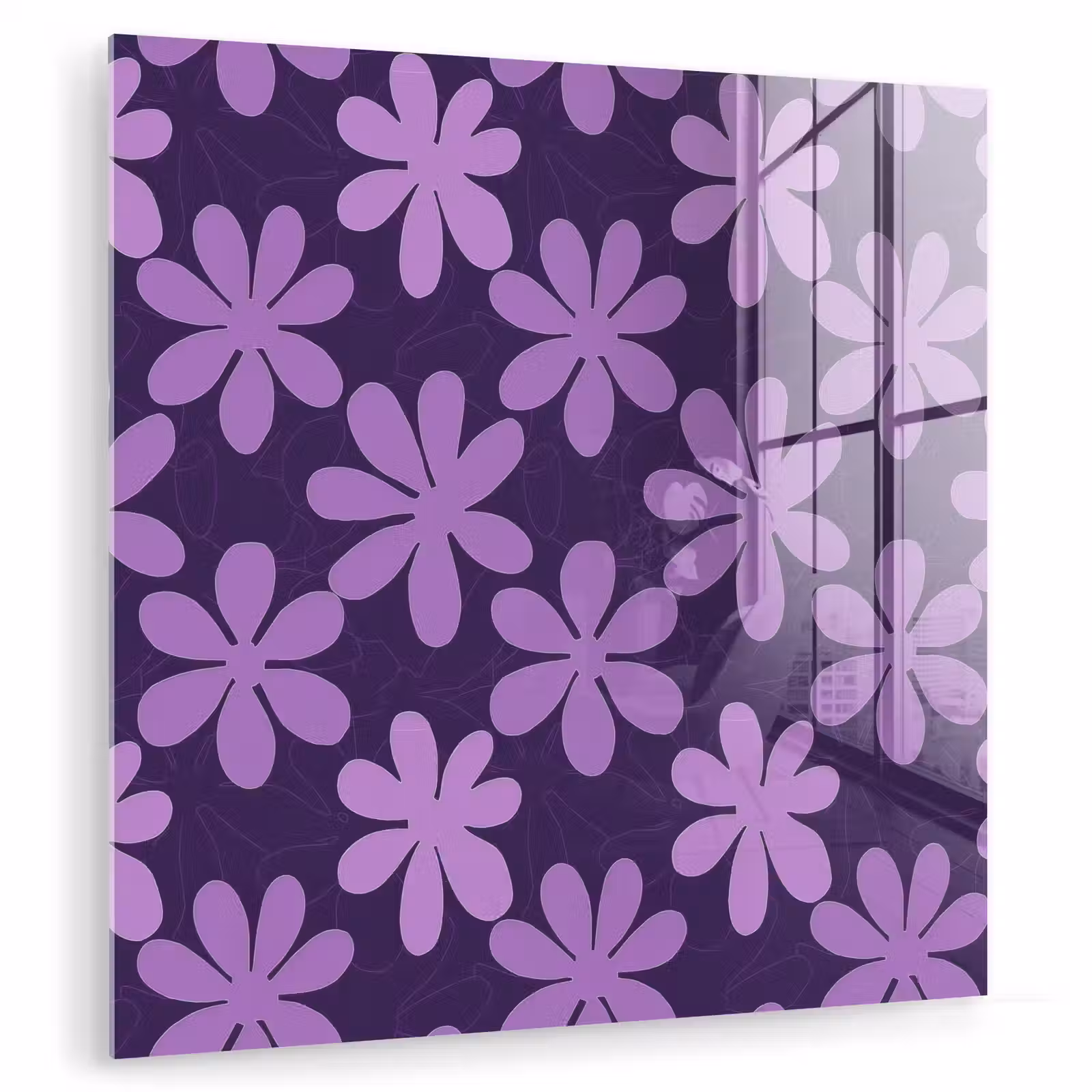 Glasbild - Lila – Botanisch – Blumen – Retro – Muster — 1