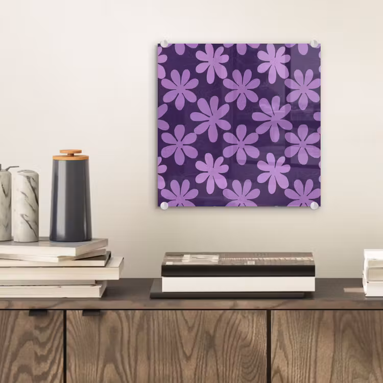 Glasbild - Lila – Botanisch – Blumen – Retro – Muster — 2