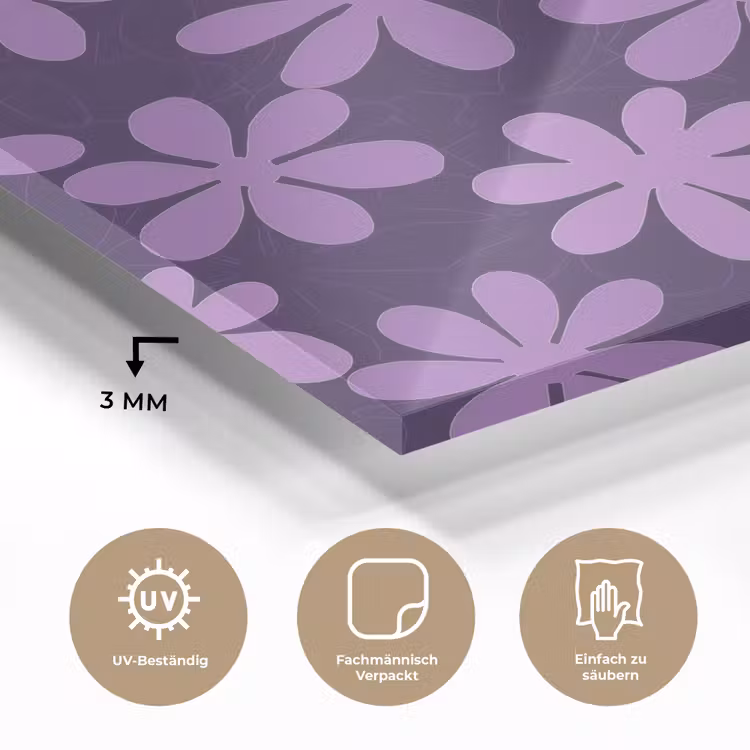 Glasbild - Lila – Botanisch – Blumen – Retro – Muster — 3