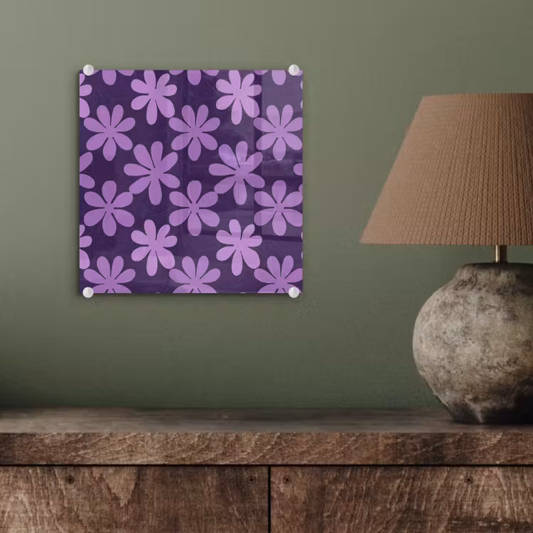 Glasbild - Lila – Botanisch – Blumen – Retro – Muster — 4