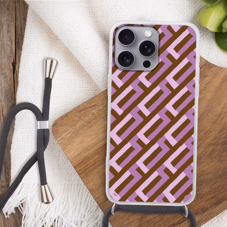 Handyhülle mit Band - Braun – Rosa – Geometrisch – Mäander – Muster — 3