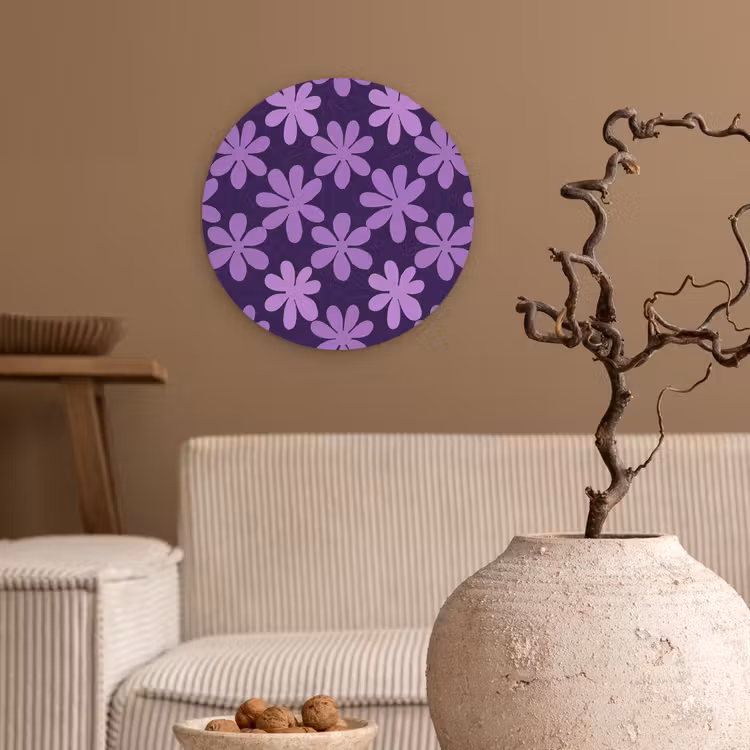 Glasbild Rund - Lila – Botanisch – Blumen – Retro – Muster — 2