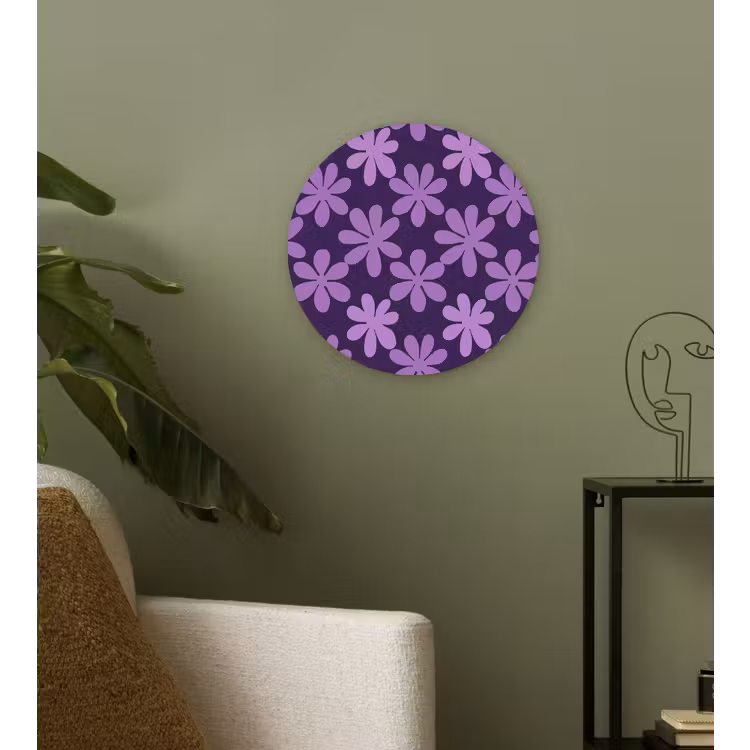 Glasbild Rund - Lila – Botanisch – Blumen – Retro – Muster — 3