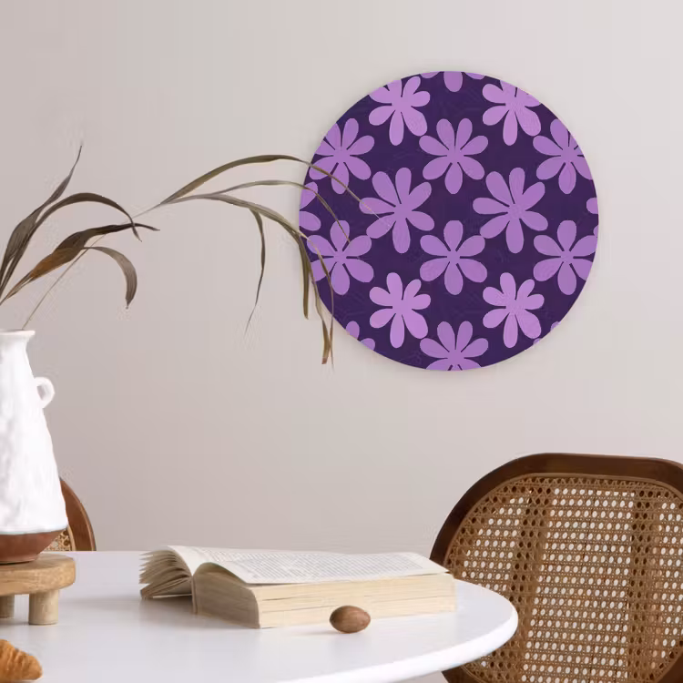 Glasbild Rund - Lila – Botanisch – Blumen – Retro – Muster — 4
