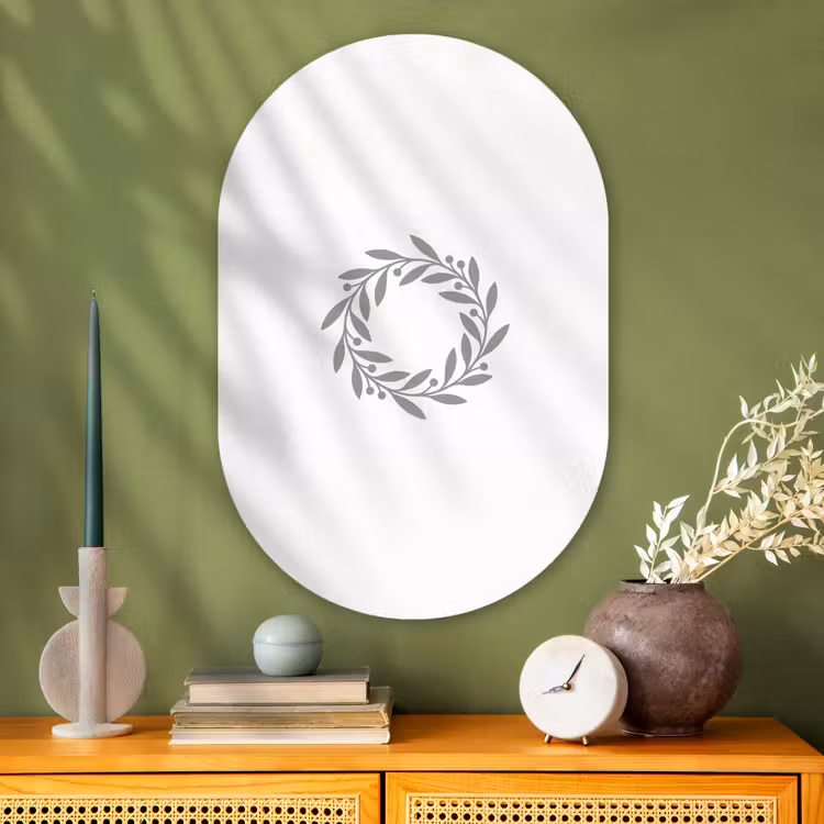 Glasbild Oval - Kranz – Blätter – Natur – Minimalistisch – Grau — 2