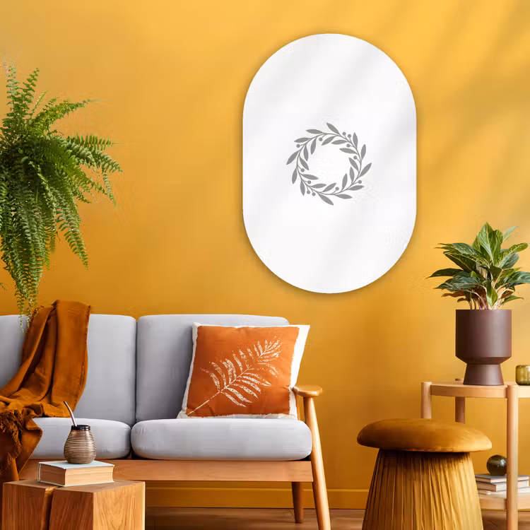 Glasbild Oval - Kranz – Blätter – Natur – Minimalistisch – Grau — 3
