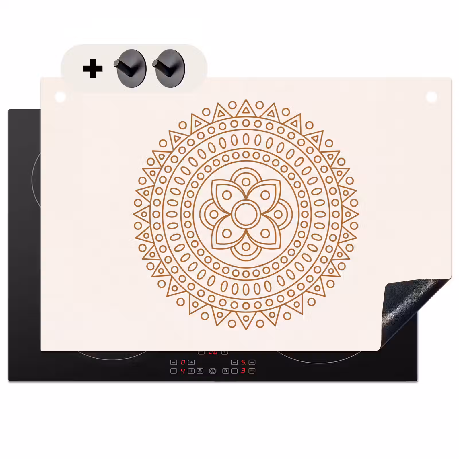 2-in-1 Herdabdeckplatte & Spritzschutz - Mandala – Geometrisch – Abstrakt – Orientalisch – Braun — 1
