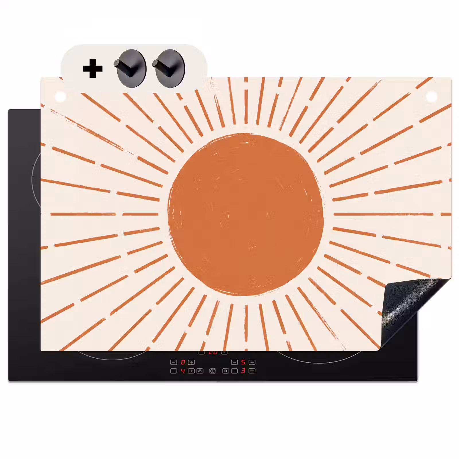 2-in-1 Herdabdeckplatte & Spritzschutz - Sonne – Strahlen – Abstrakt – Terrakotta – Modern — 1