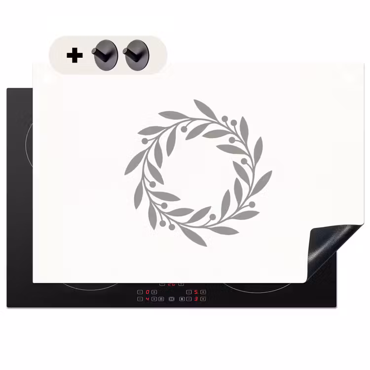 2-in-1 Herdabdeckplatte & Spritzschutz - Kranz – Blätter – Natur – Minimalistisch – Grau — 1