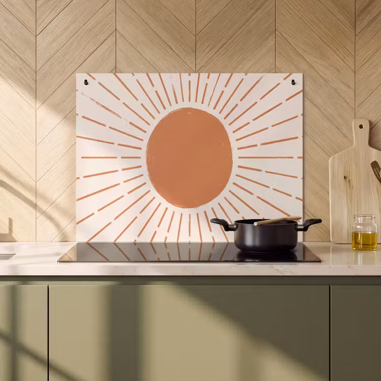 2-in-1 Herdabdeckplatte & Spritzschutz - Sonne – Strahlen – Abstrakt – Terrakotta – Modern — 3