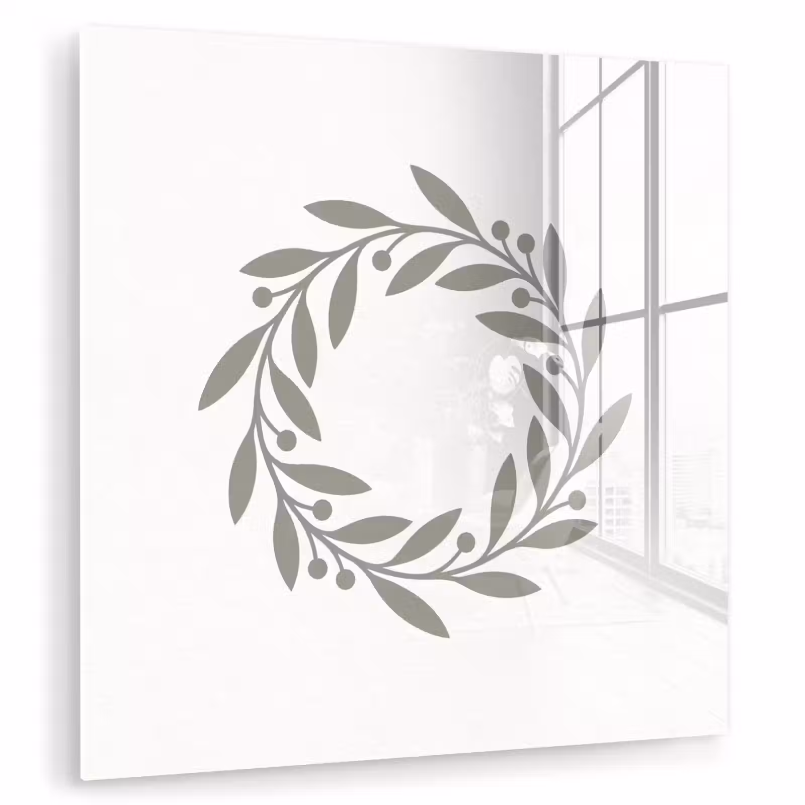 Glasbild - Kranz – Blätter – Natur – Minimalistisch – Grau — 1
