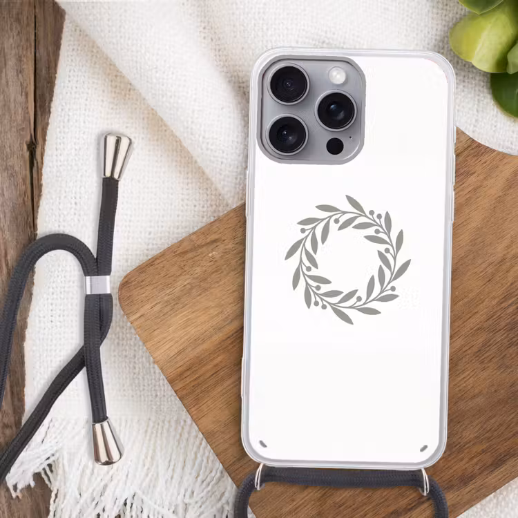 Handyhülle mit Band - Kranz – Blätter – Natur – Minimalistisch – Grau — 3