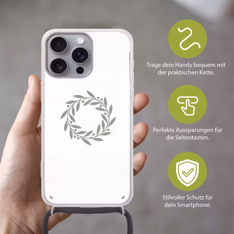 Handyhülle mit Band - Kranz – Blätter – Natur – Minimalistisch – Grau — 4