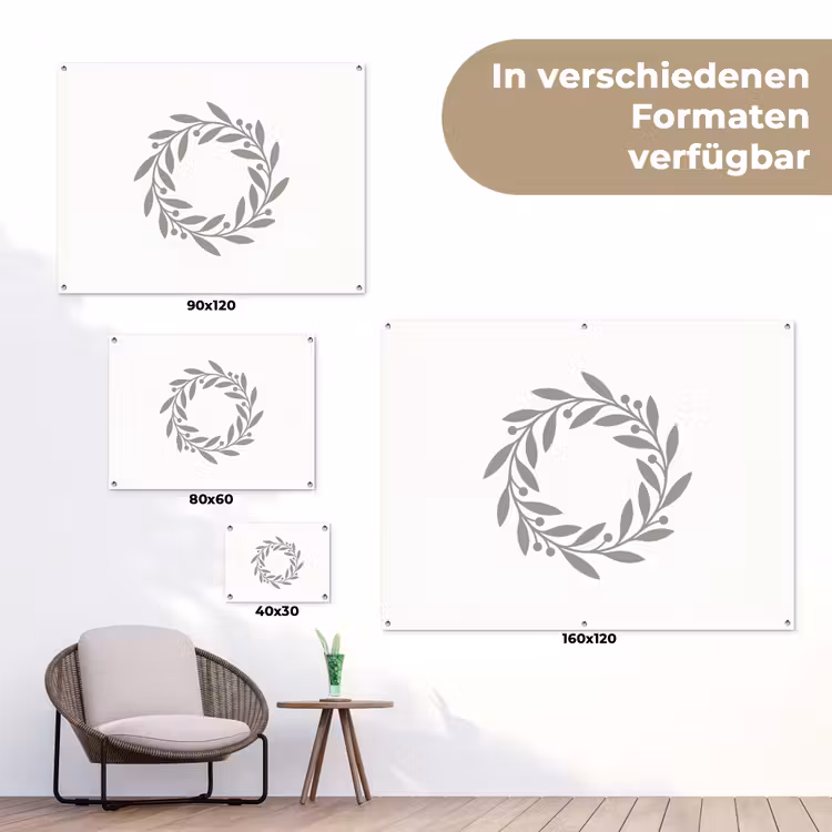Gartenposter - Kranz – Blätter – Natur – Minimalistisch – Grau — 6