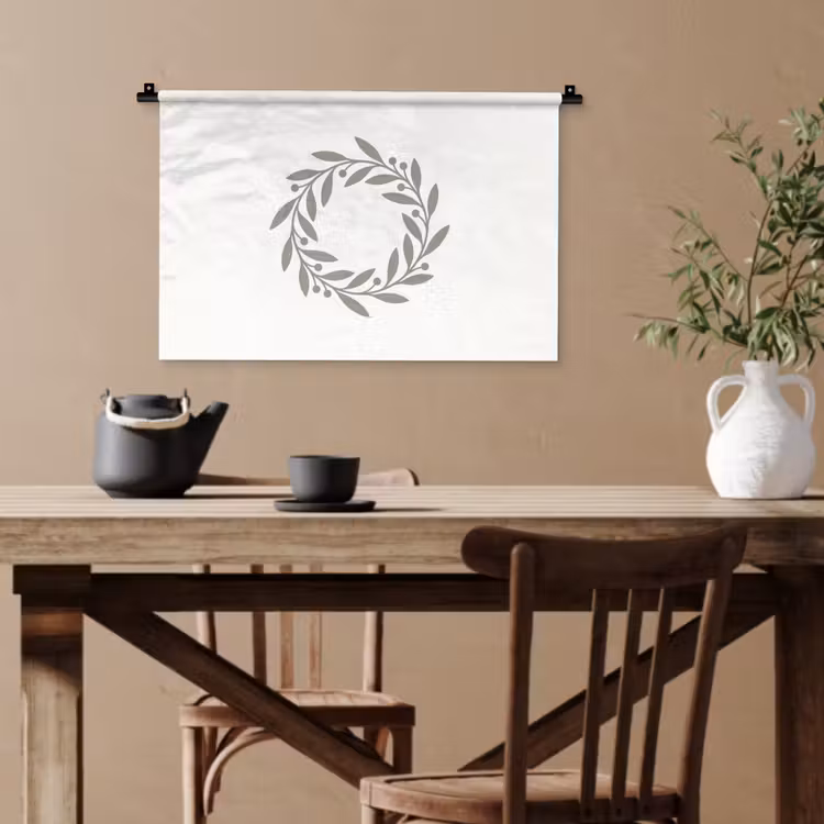 Wandteppich - Kranz – Blätter – Natur – Minimalistisch – Grau — 3
