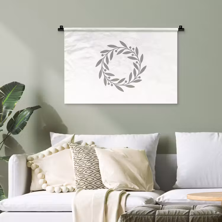 Wandteppich - Kranz – Blätter – Natur – Minimalistisch – Grau — 4