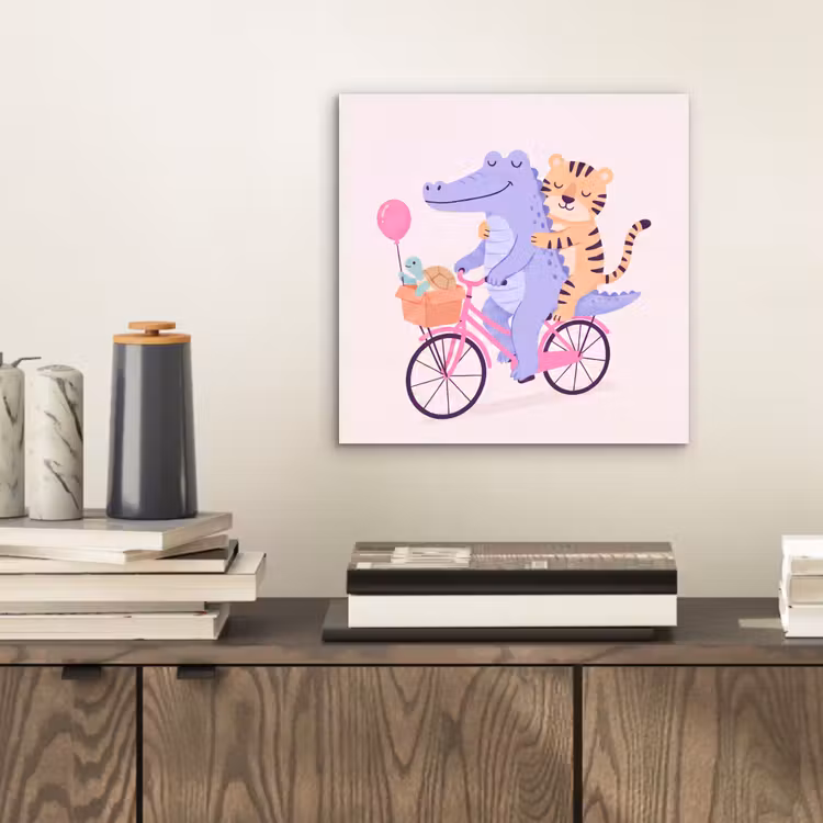 Alu-Dibond-Bild - Tiere – Fahrrad – Freundschaft – Illustration – Rosa — 2