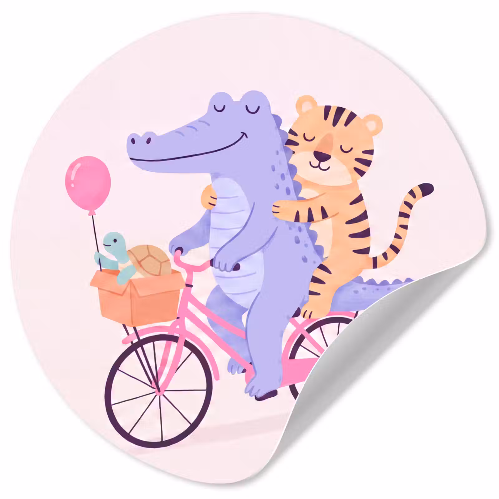 Runde Tapete - Tiere – Fahrrad – Freundschaft – Illustration – Rosa — 1