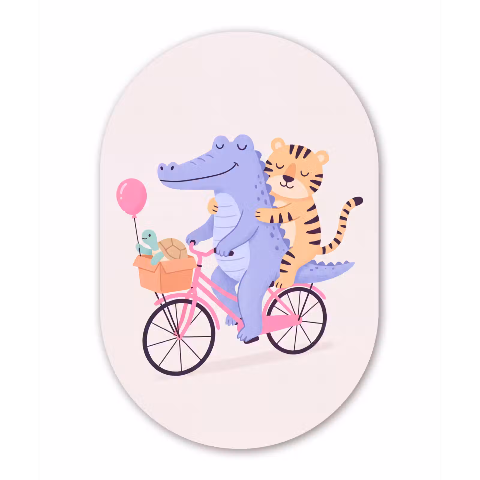 Alu-Dibond-Bild Oval - Tiere – Fahrrad – Freundschaft – Illustration – Rosa — 1