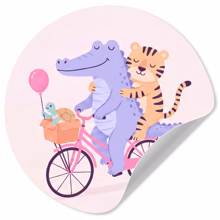 Runde Tapete - Tiere – Fahrrad – Freundschaft – Illustration – Rosa — 1