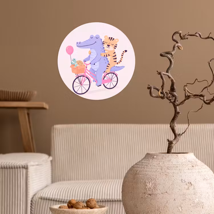 Runde Tapete - Tiere – Fahrrad – Freundschaft – Illustration – Rosa — 2