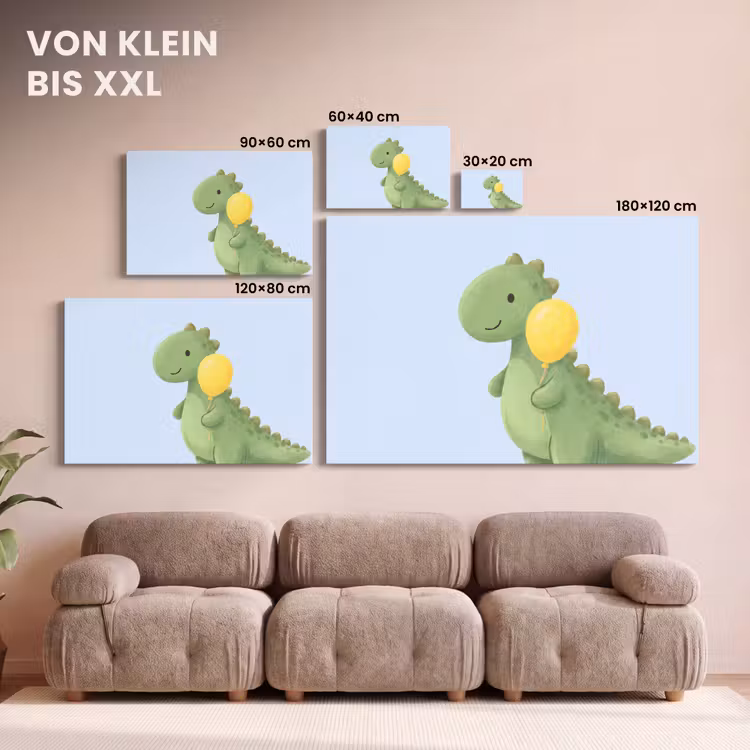 Leinwandbild - Dinosaurier – Luftballon – Kinderzimmer – Illustration – Grün — 6