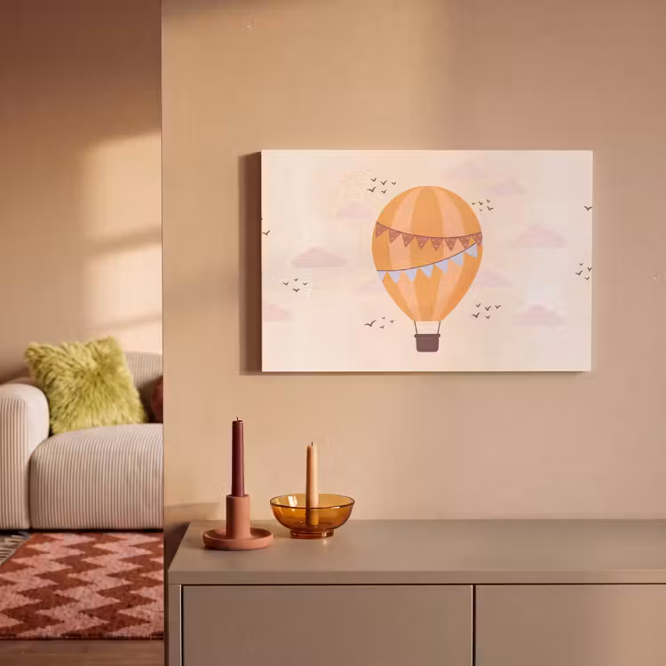 Leinwandbild - Heißluftballon – Girlanden – Abenteuer – Illustration – Orange — 2