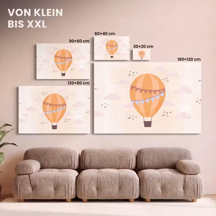 Leinwandbild - Heißluftballon – Girlanden – Abenteuer – Illustration – Orange — 6