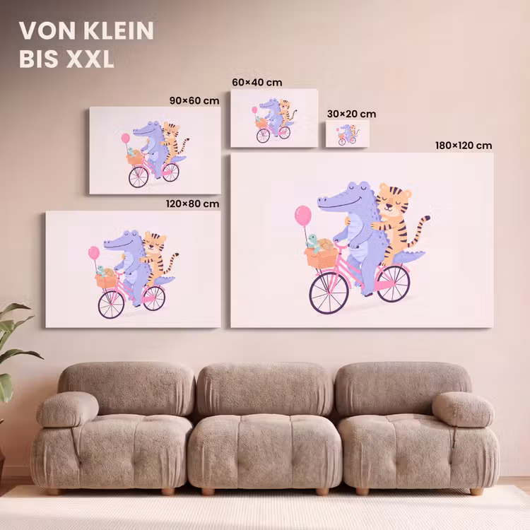 Leinwandbild - Tiere – Fahrrad – Freundschaft – Illustration – Rosa — 6