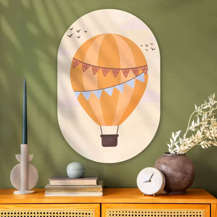 Glasbild Oval - Heißluftballon – Girlanden – Abenteuer – Illustration – Orange — 2