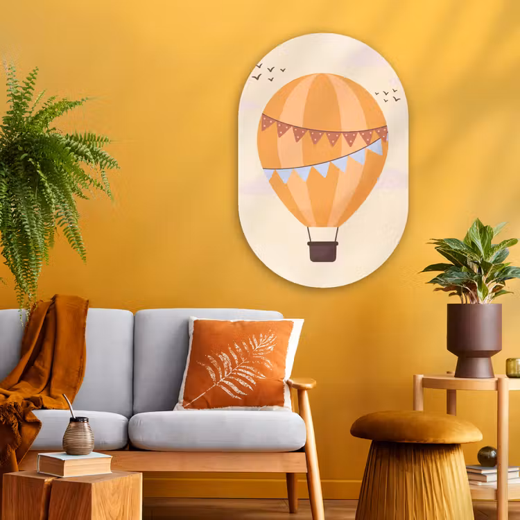 Glasbild Oval - Heißluftballon – Girlanden – Abenteuer – Illustration – Orange — 3