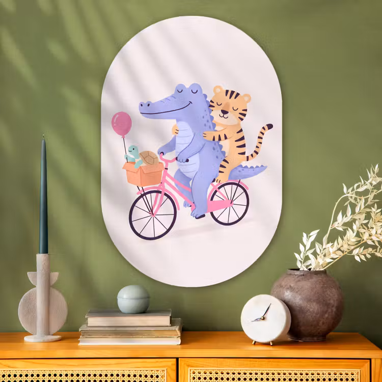 Glasbild Oval - Tiere – Fahrrad – Freundschaft – Illustration – Rosa — 2