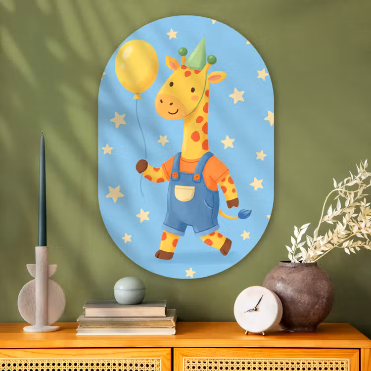 Glasbild Oval - Tiere – Giraffe – Luftballon – Party – Kinderzimmer — 2