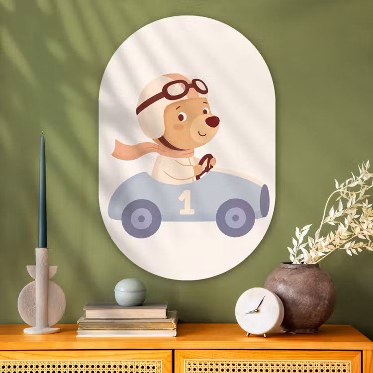 Glasbild Oval - Bär – Auto – Kinderzimmer – Cartoon – Verspielt — 2