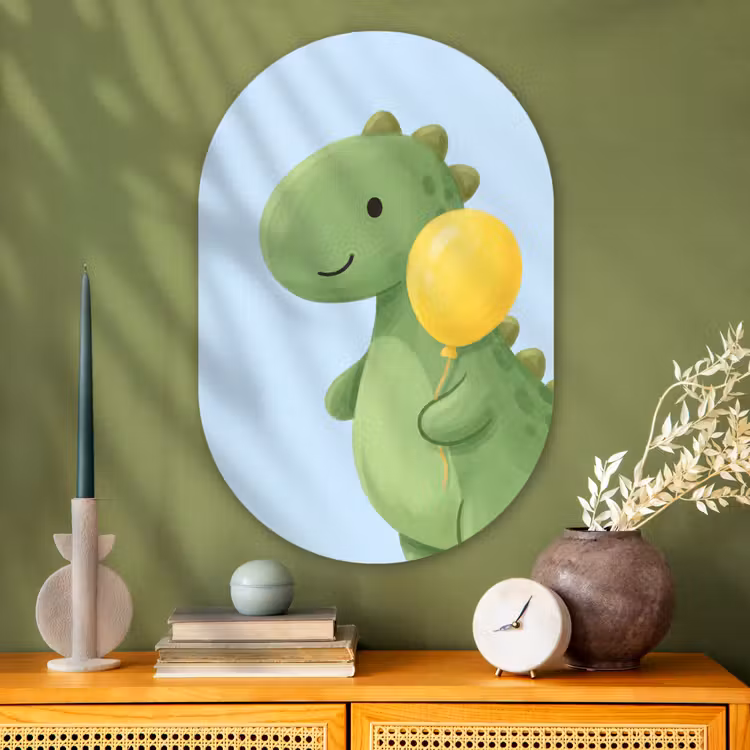 Glasbild Oval - Dinosaurier – Luftballon – Kinderzimmer – Illustration – Grün — 2