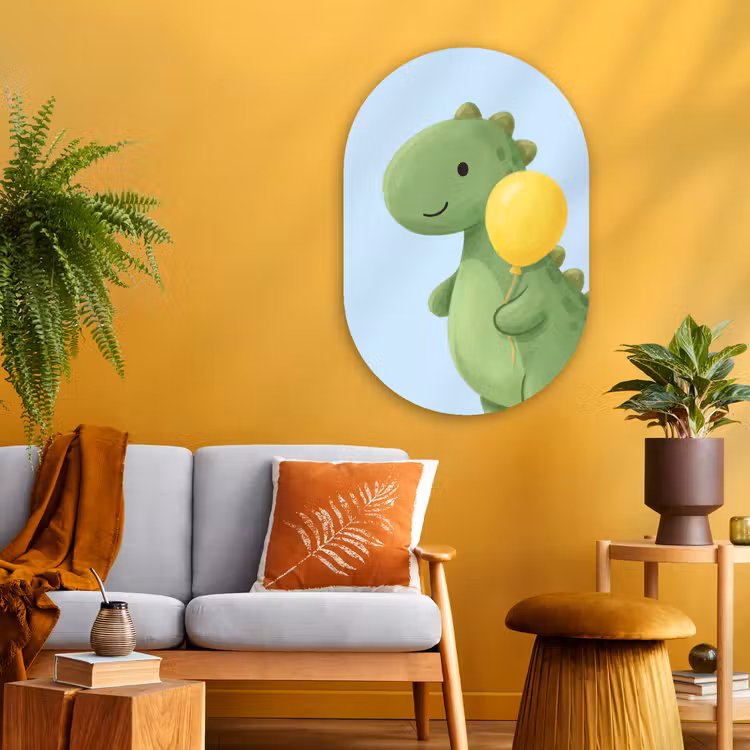 Glasbild Oval - Dinosaurier – Luftballon – Kinderzimmer – Illustration – Grün — 3