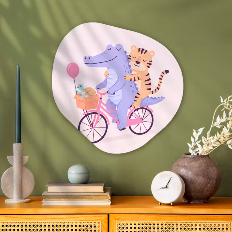 Alu-Dibond-Bild Organische Form - Tiere – Fahrrad – Freundschaft – Illustration – Rosa — 2