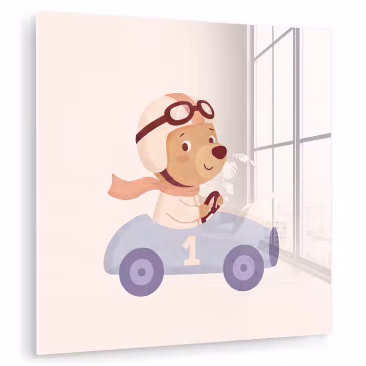 Glasbild - Bär – Auto – Kinderzimmer – Cartoon – Verspielt — 1