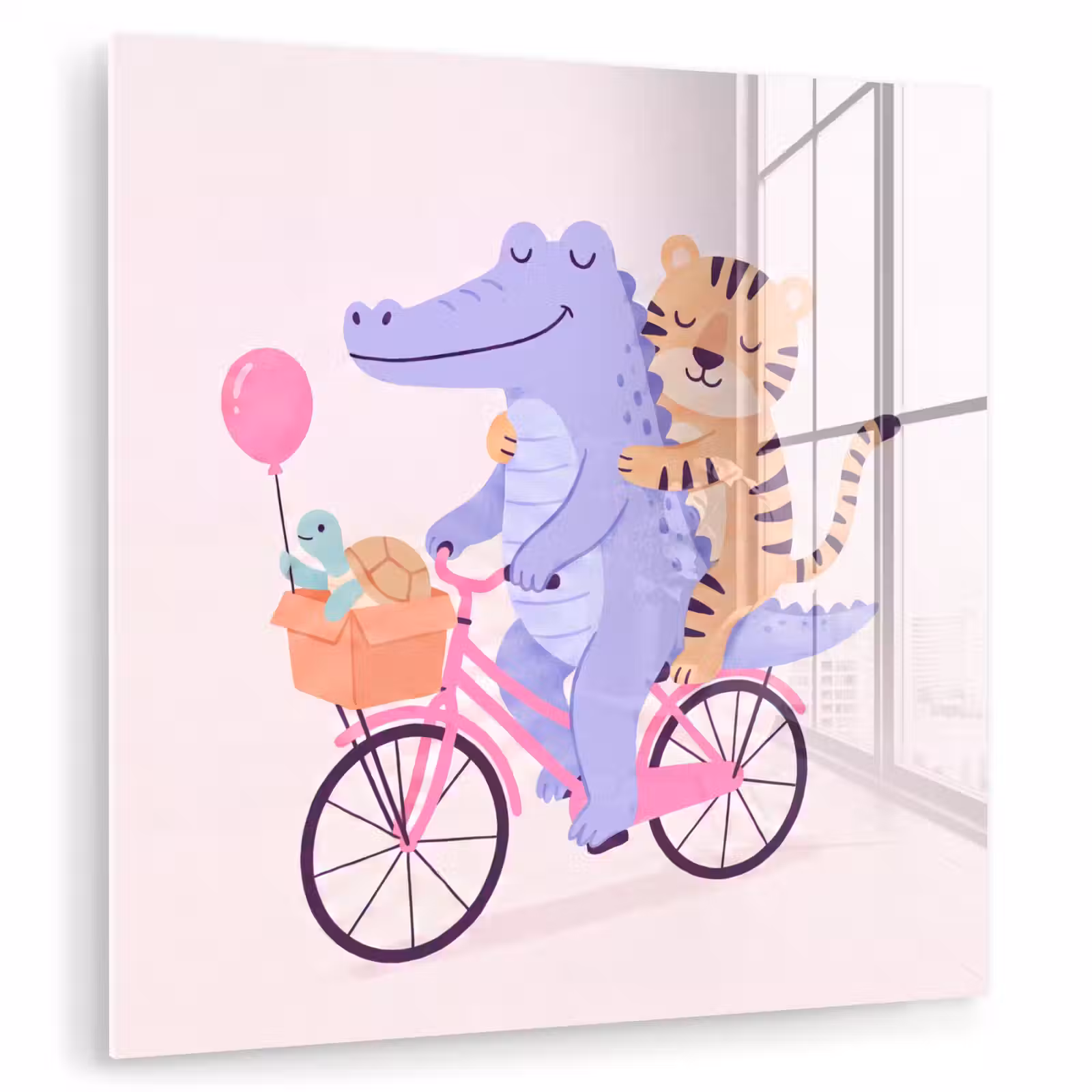 Glasbild - Tiere – Fahrrad – Freundschaft – Illustration – Rosa — 1