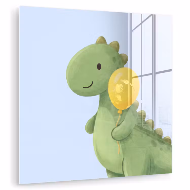 Glasbild - Dinosaurier – Luftballon – Kinderzimmer – Illustration – Grün — 1