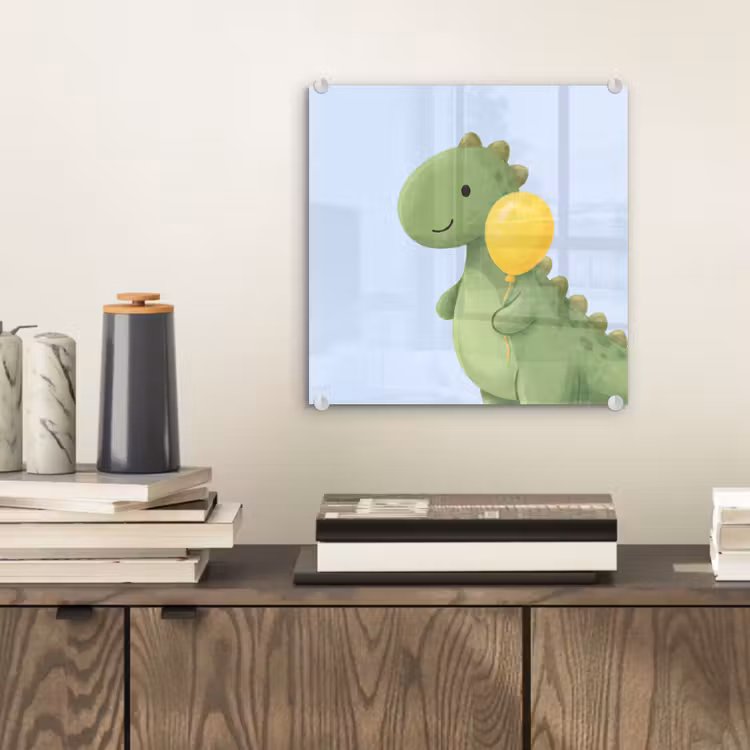Glasbild - Dinosaurier – Luftballon – Kinderzimmer – Illustration – Grün — 2