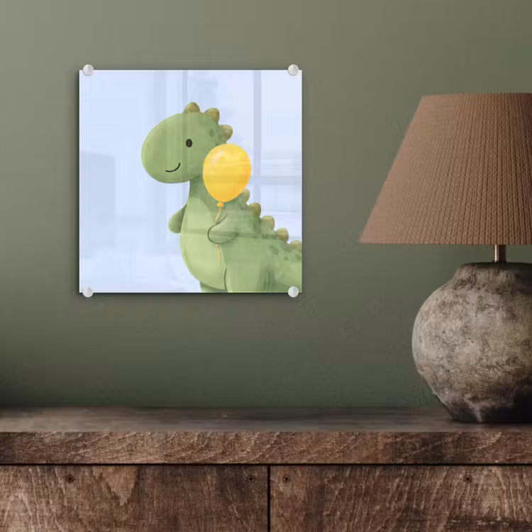 Glasbild - Dinosaurier – Luftballon – Kinderzimmer – Illustration – Grün — 4