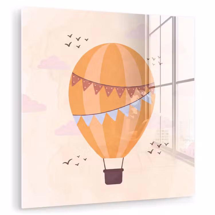 Glasbild - Heißluftballon – Girlanden – Abenteuer – Illustration – Orange — 1