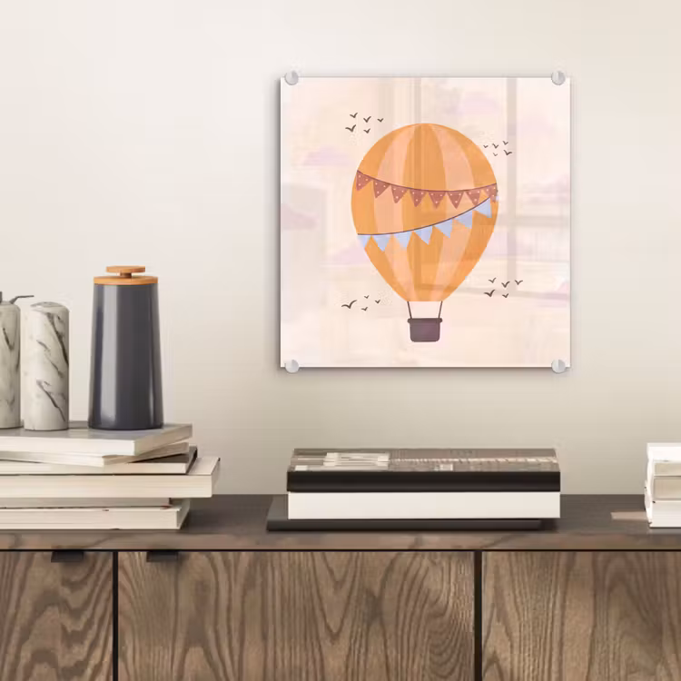 Glasbild - Heißluftballon – Girlanden – Abenteuer – Illustration – Orange — 2