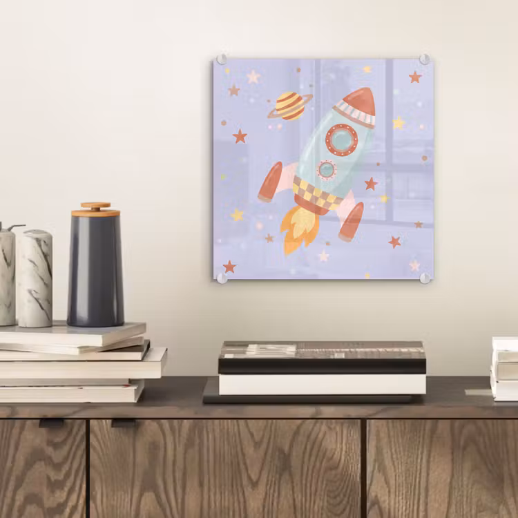 Glasbild - Rakete – Weltraum – Planet – Illustration — 2