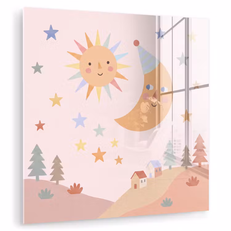 Glasbild - Sonne – Mond – Sterne – Kinderzimmer – Pastell — 1