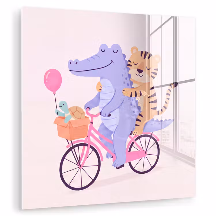 Glasbild - Tiere – Fahrrad – Freundschaft – Illustration – Rosa — 1