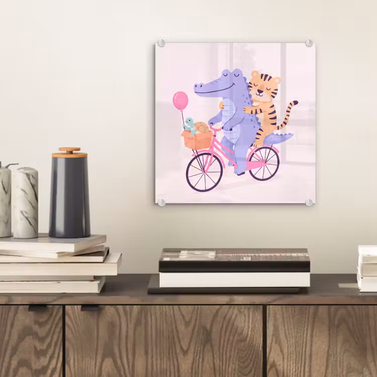 Glasbild - Tiere – Fahrrad – Freundschaft – Illustration – Rosa — 2