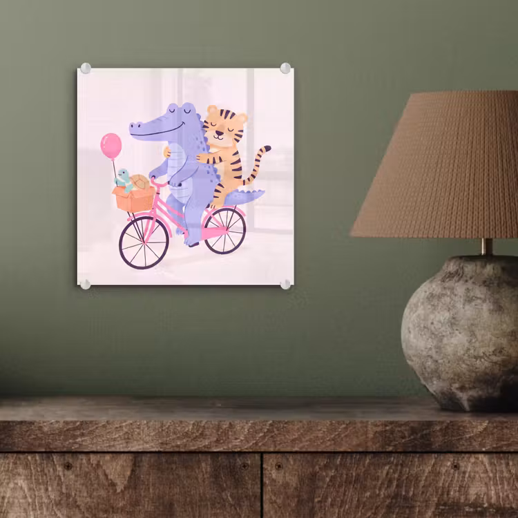 Glasbild - Tiere – Fahrrad – Freundschaft – Illustration – Rosa — 4