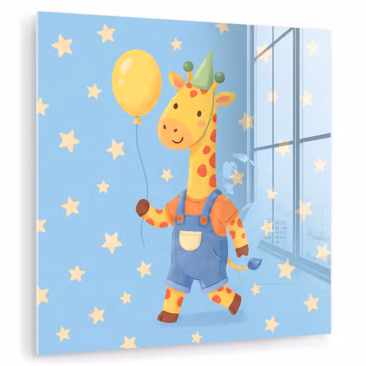 Glasbild - Tiere – Giraffe – Luftballon – Party – Kinderzimmer — 1